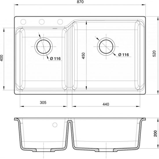 Мойка для кухни RIVELATO Axel 90D двухчашевая 870х520 мм кварцевая, nero