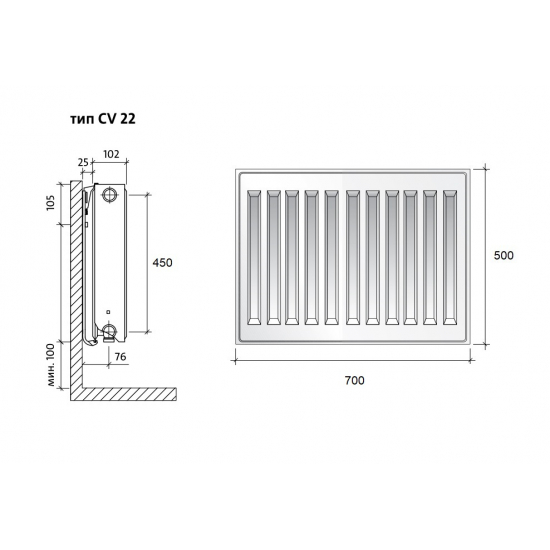 Радиатор панельный Royal Thermo VENTIL COMPACT V тип 22  500/700 1596 Вт