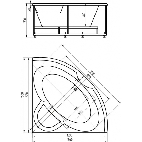 Акриловая ванна АКВАТЕК Поларис–2 POL2-0000041 155x155 см, с каркасом и фронтальным экраном