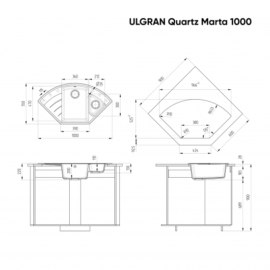 Мойка для кухни ULGRAN Quartz Marta 1000 1.5 чаши+крыло, угловая 1000х550 кварцевая, жасмин