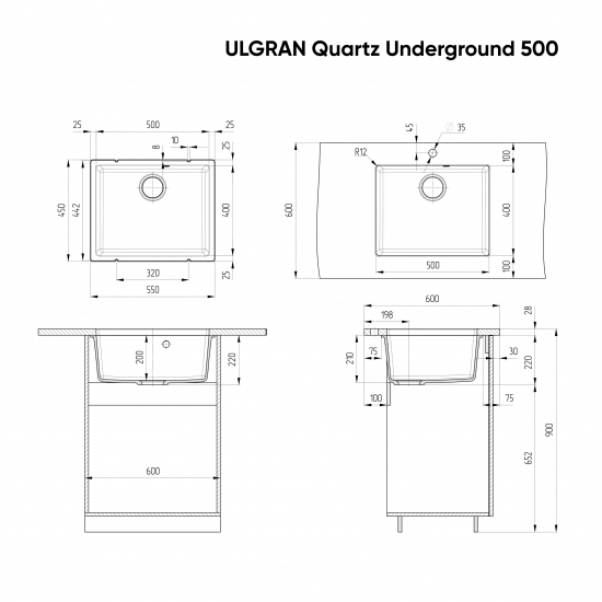 Мойка для кухни ULGRAN Quartz Underground 500 550х450 кварцевая, платина