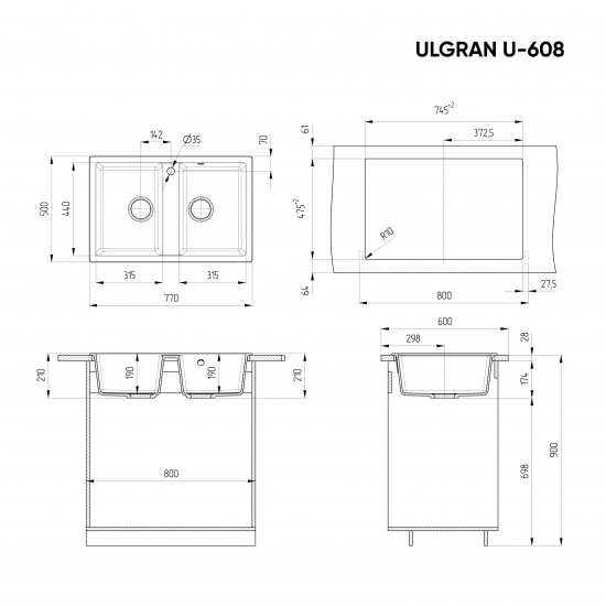 Мойка для кухни ULGRAN U-608 2 чаши 770х500 мм, тёмно-серый