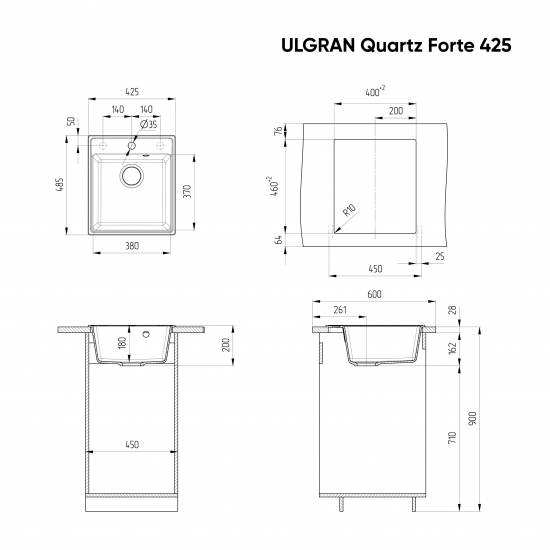 Мойка для кухни ULGRAN Quartz Forte 425 425х485 кварцевая, лён