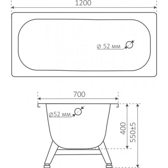 Ванна стальная АНТИКА 120x70 см, толщина 1.8 мм, с ножками