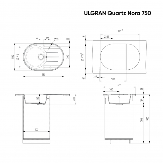 Мойка для кухни ULGRAN Quartz Nora 750 чаша+крыло 750х500 кварцевая, лён