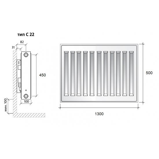 Радиатор панельный Royal Thermo COMPACT тип 22 500/1300 2964 Вт 