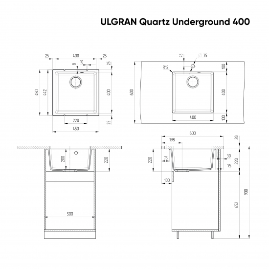 Мойка для кухни ULGRAN Quartz Underground 400 450х450 кварцевая, бетон