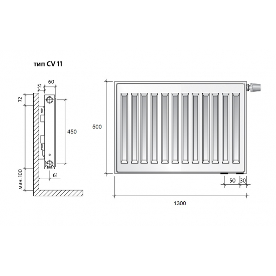 Радиатор панельный Royal Thermo VENTIL COMPACT V тип 11 500/1300 1553 Вт