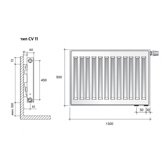 Радиатор стальной ROYAL THERMO Ventil Compact VC тип 11 500/1300 1553 Вт