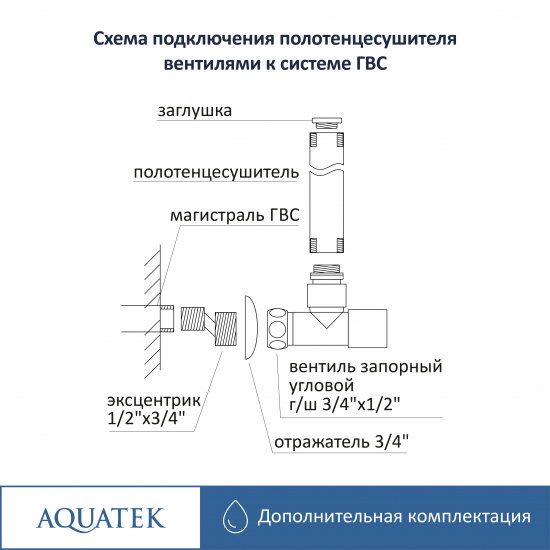 Вентиль запорный для полотенцесушителя АКВАТЕК AQ 1020CH 3/4"х1/2" г-ш угловой, комплект 2шт