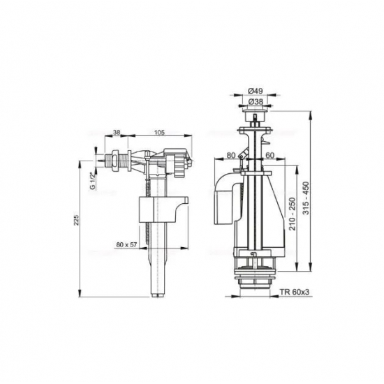 Сливной механизм ALCA PLAST SA08K 1/2" CHROM  хром боковая подводка латунный штуцер