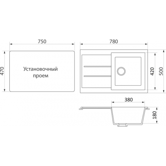 Мойка для кухни DOMACI Бьелла DMC-25 чаша+крыло 780х500 мм, чёрный