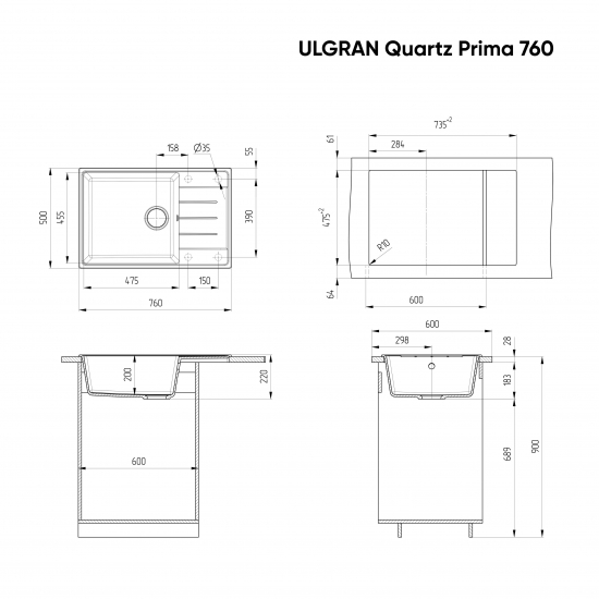 Мойка для кухни ULGRAN Quartz Prima 760 чаша+крыло 760х500 кварцевая, трюфель