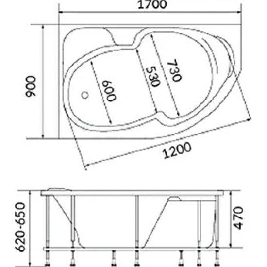 Акриловая ванна 1МАРКА  Diana R 170x90 см, без опоры угловая, асимметричная