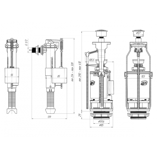 Сливной механизм АНИ ПЛАСТ WC9010C с боковой подводкой G 1/2", пластик штуцер 2-х кнопочный хром