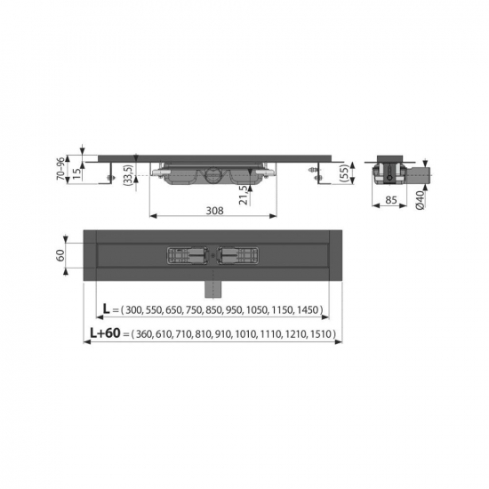 Душевой лоток ALCA PLAST Low APZ101BLACK-550 с опорами, низкий