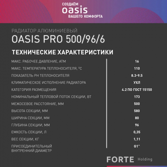 Радиатор алюминиевый OASIS Pro 500/96  6 секций