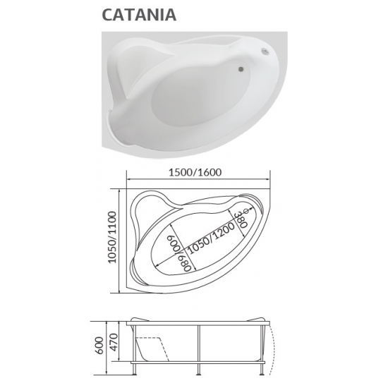 Акриловая ванна 1МАРКА  Catania R 160x110 см, угловая, с каркасом, асимметричная
