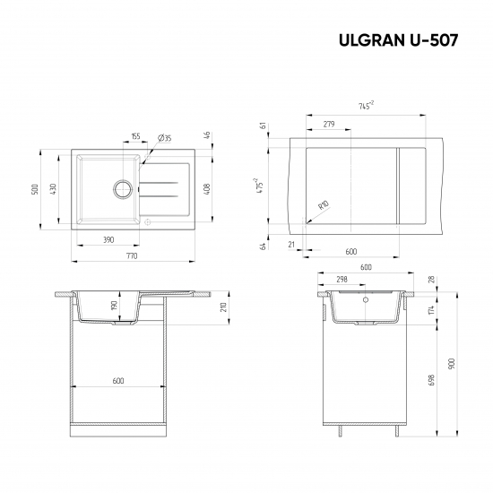 Мойка для кухни ULGRAN U-507 чаша+крыло 770х500 мм, ультра-чёрный