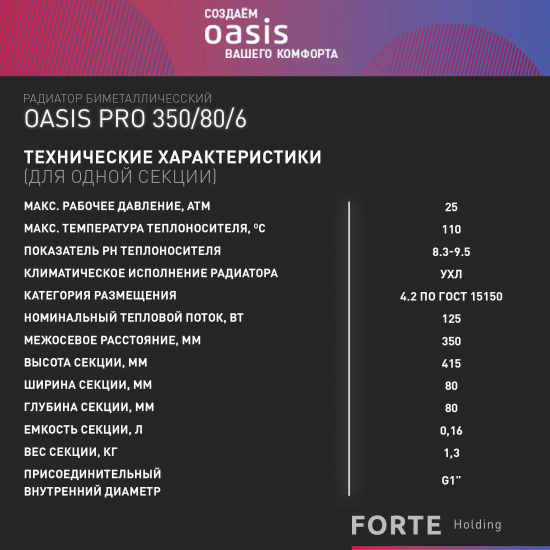 Радиатор биметаллический OASIS Pro 350/80  6 секций