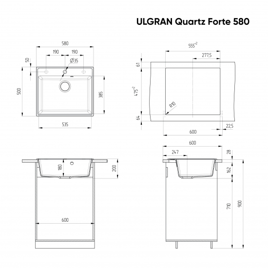 Мойка для кухни ULGRAN Quartz Forte 580 580х500 кварцевая, уголь