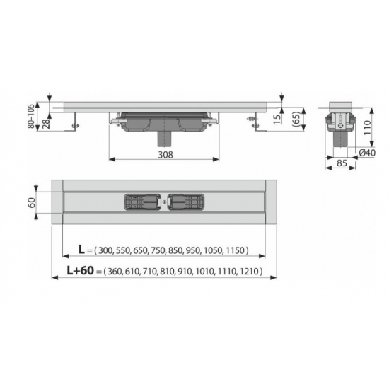 Душевой лоток ALCA PLAST Professional APZ1106-1050 с опорами, низкий