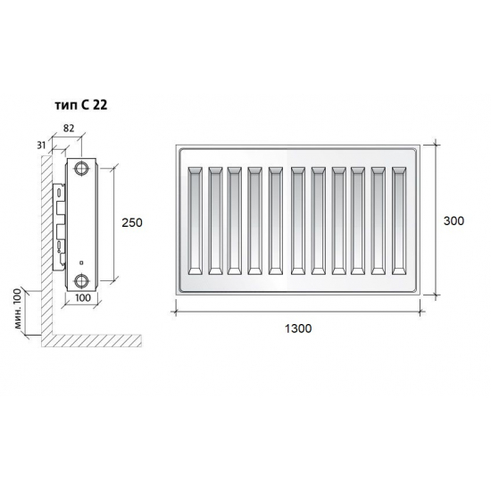 Радиатор панельный Royal Thermo COMPACT тип 22  300/1300 1876 Вт