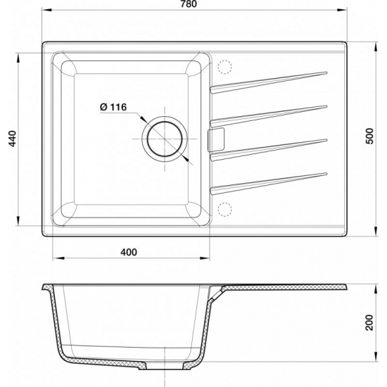 Мойка для кухни RIVELATO Raum 78 с крылом 780х500 мм кварцевая, antracite