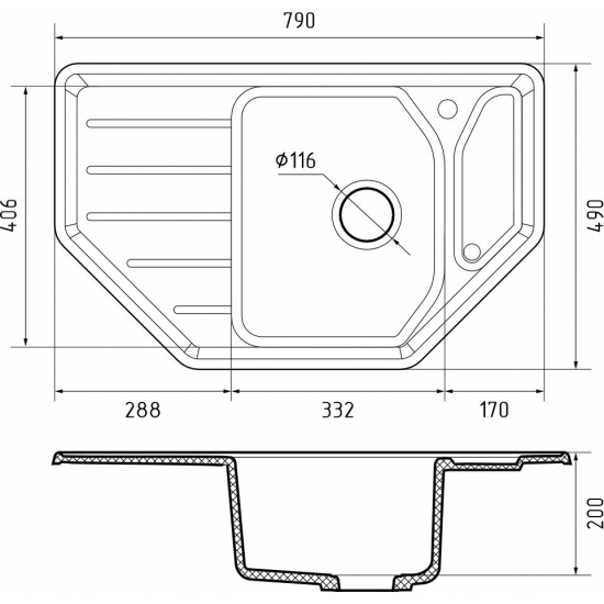 Мойка для кухни GRANFEST C-800E угловая 790х490 мм, графит