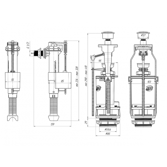 Сливной механизм АНИ ПЛАСТ WC8020C с боковой подводкой G 1/2", с латунным штуцером кнопка хром