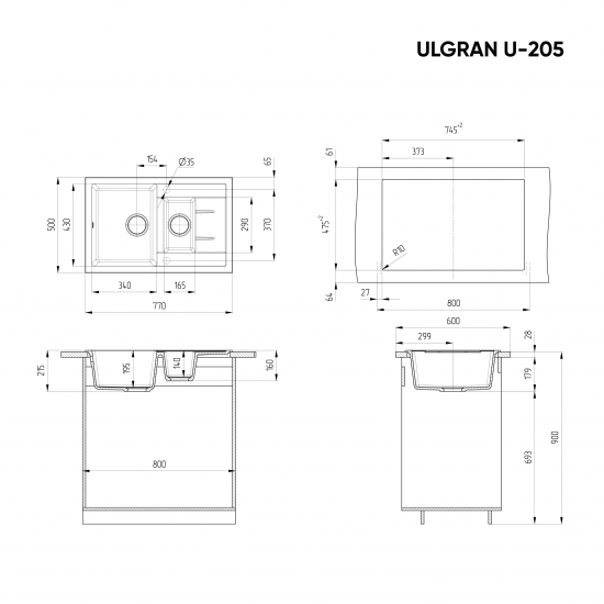 Мойка для кухни ULGRAN U-205 1.5 чаши+крыло 770х500 мм, ультра-чёрный