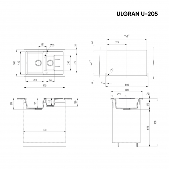 Мойка для кухни ULGRAN U-205 1.5 чаши+крыло 770х500 мм, ультра-белый