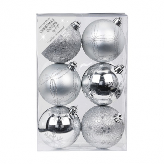 Набор ёлочных шаров, пластик, Ø 8 см, серебро, 6 шт в уп
