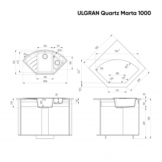Мойка для кухни ULGRAN Quartz Marta 1000 1.5 чаши+крыло, угловая 1000х550 кварцевая, уголь