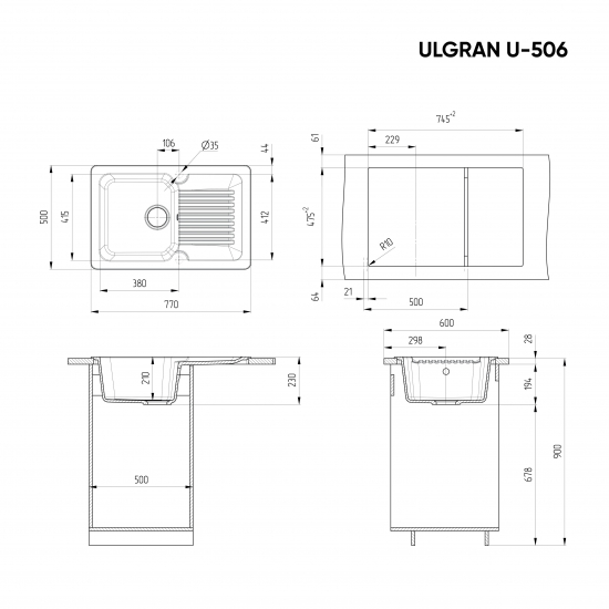 Мойка для кухни ULGRAN U-506 чаша+крыло 770х500 мм, ультра-белый