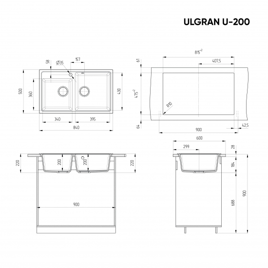 Мойка для кухни ULGRAN U-200 2 чаши 840х500 мм, бежевый