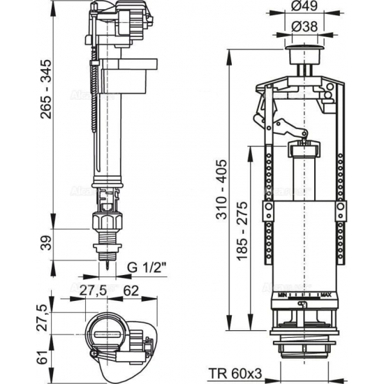 Сливной механизм ALCA PLAST SA2000S 3/8" CHROM хром нижняя подводка 