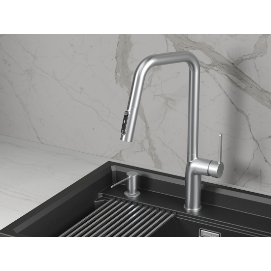 Смеситель для кухни GRANULA 9011 с вытяжным изливом, с подключением к фильтру, нерж