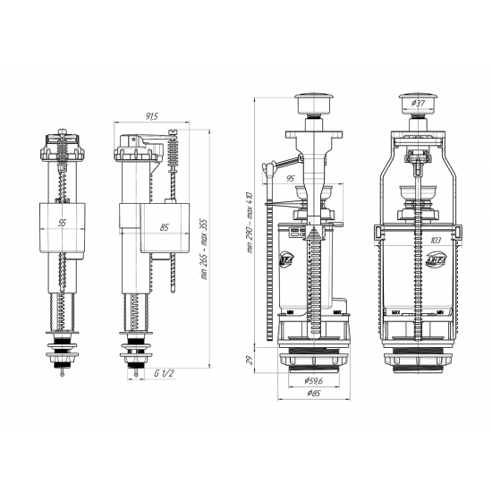 Сливной механизм АНИ ПЛАСТ WC8510 с нижней подводкой G 1/2", с пластиковым штуцером кнопка белая