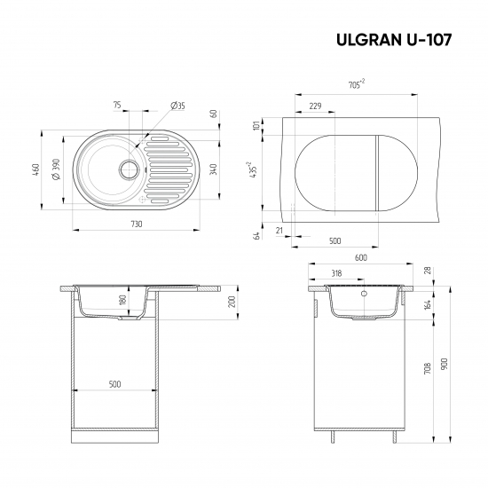 Мойка для кухни ULGRAN U-107 чаша+крыло 730х460 мм, антрацит