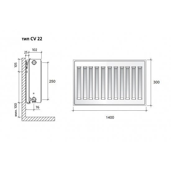 Радиатор стальной ROYAL THERMO Ventil Compact VC тип 22  300/1400 2020 Вт