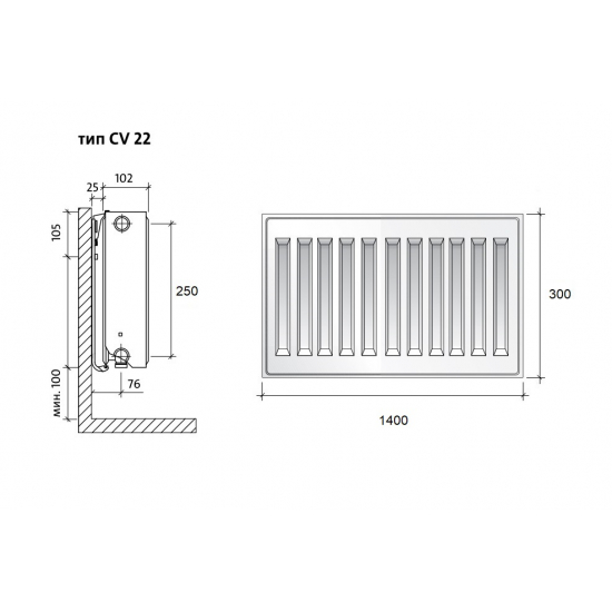 Радиатор панельный Royal Thermo VENTIL COMPACT V тип 22  300/1400 2020 Вт