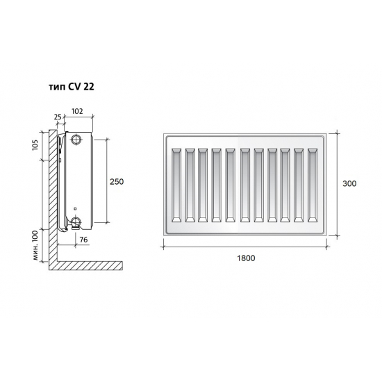 Радиатор стальной ROYAL THERMO Ventil Compact VC тип 22  300/1800 2597 Вт