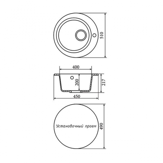 Мойка для кухни керамогранит ZOX ZX-GM 08 круглая, чёрная, 510 мм