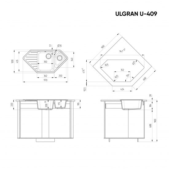 Мойка для кухни ULGRAN U-409 1.5 чаши+крыло, угловая 970х500 мм, ультра-белый