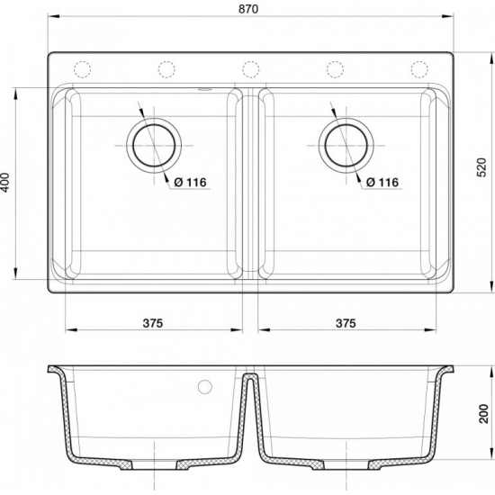 Мойка для кухни RIVELATO Axel 90-2D двухчашевая 870х520 мм кварцевая, antracite