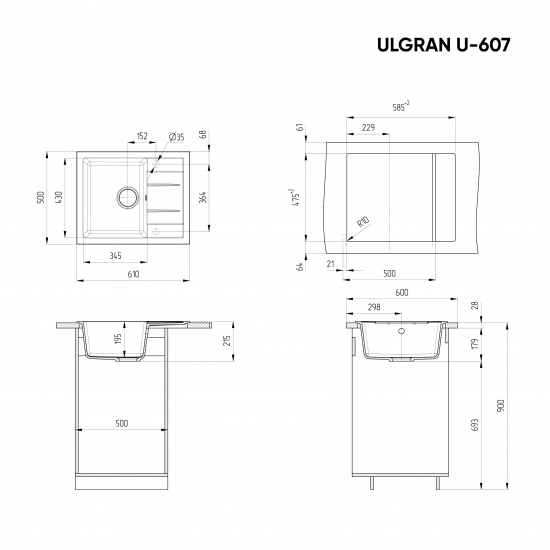 Мойка для кухни ULGRAN U-607 чаша+крыло 610х500 мм, тёмно-серый