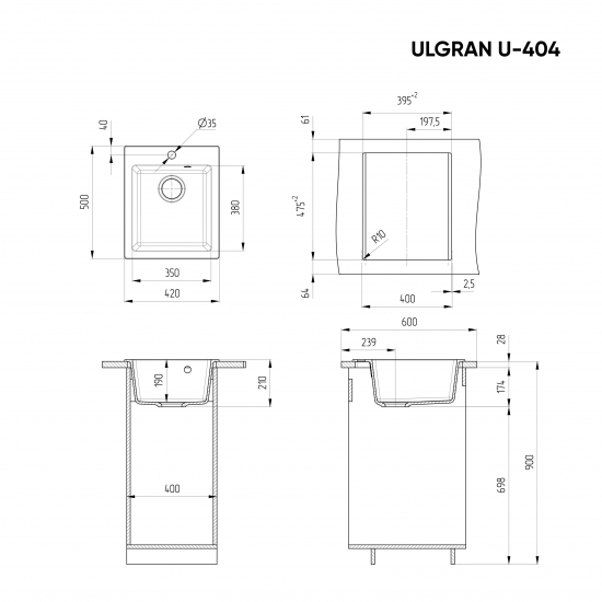 Мойка для кухни ULGRAN U-404 420х500 мм, белый