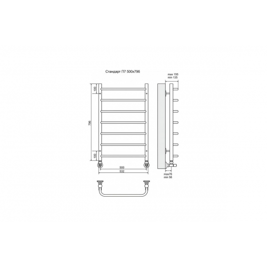 Полотенцесушитель водяной TERMINUS Стандарт П7 500x796 с боковым подключением 600
