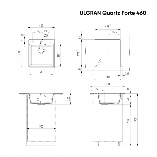 Мойка для кухни ULGRAN Quartz Forte 460 460х500 кварцевая, бетон